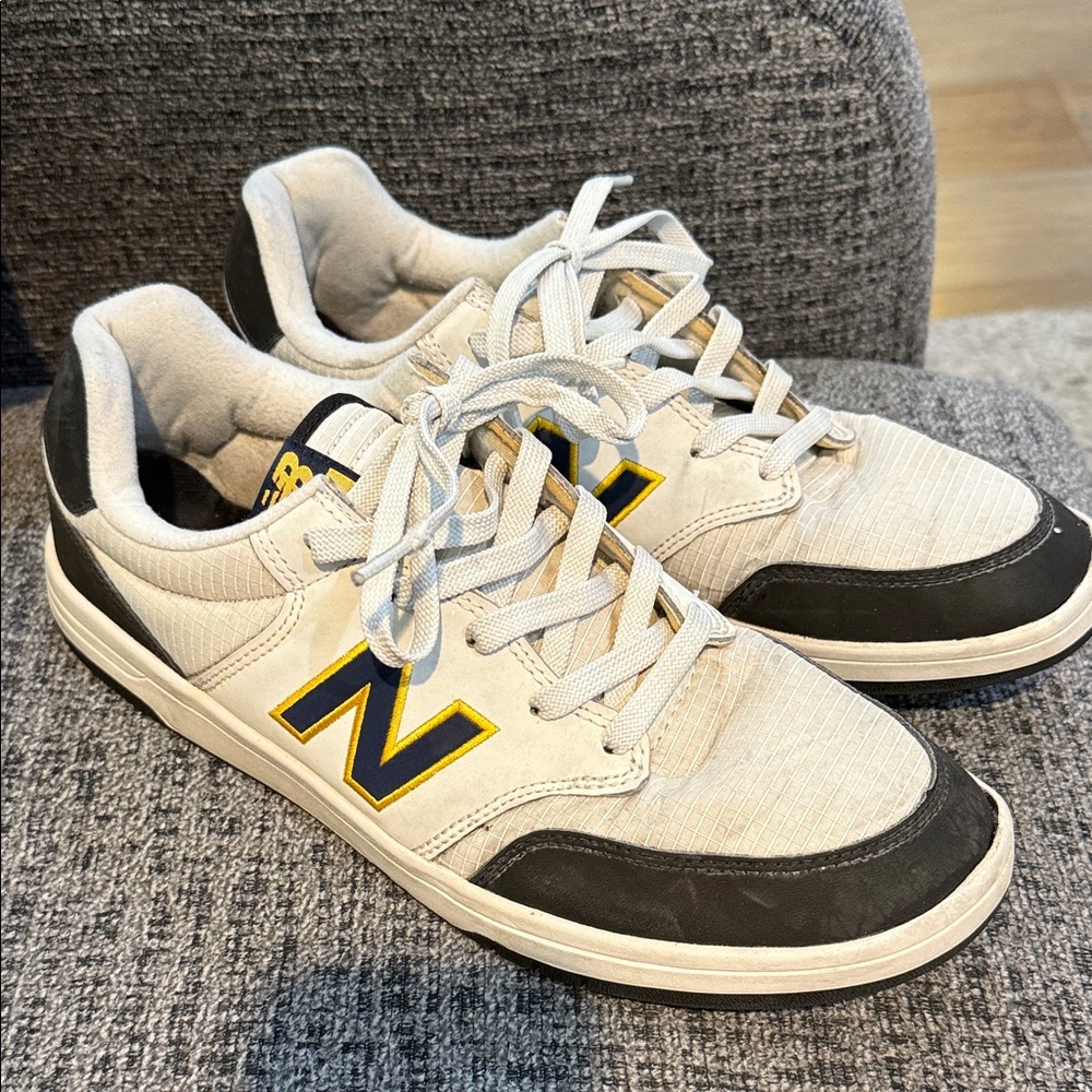 New Balance Men's Cream and Gray Sneakers with Yellow Accents